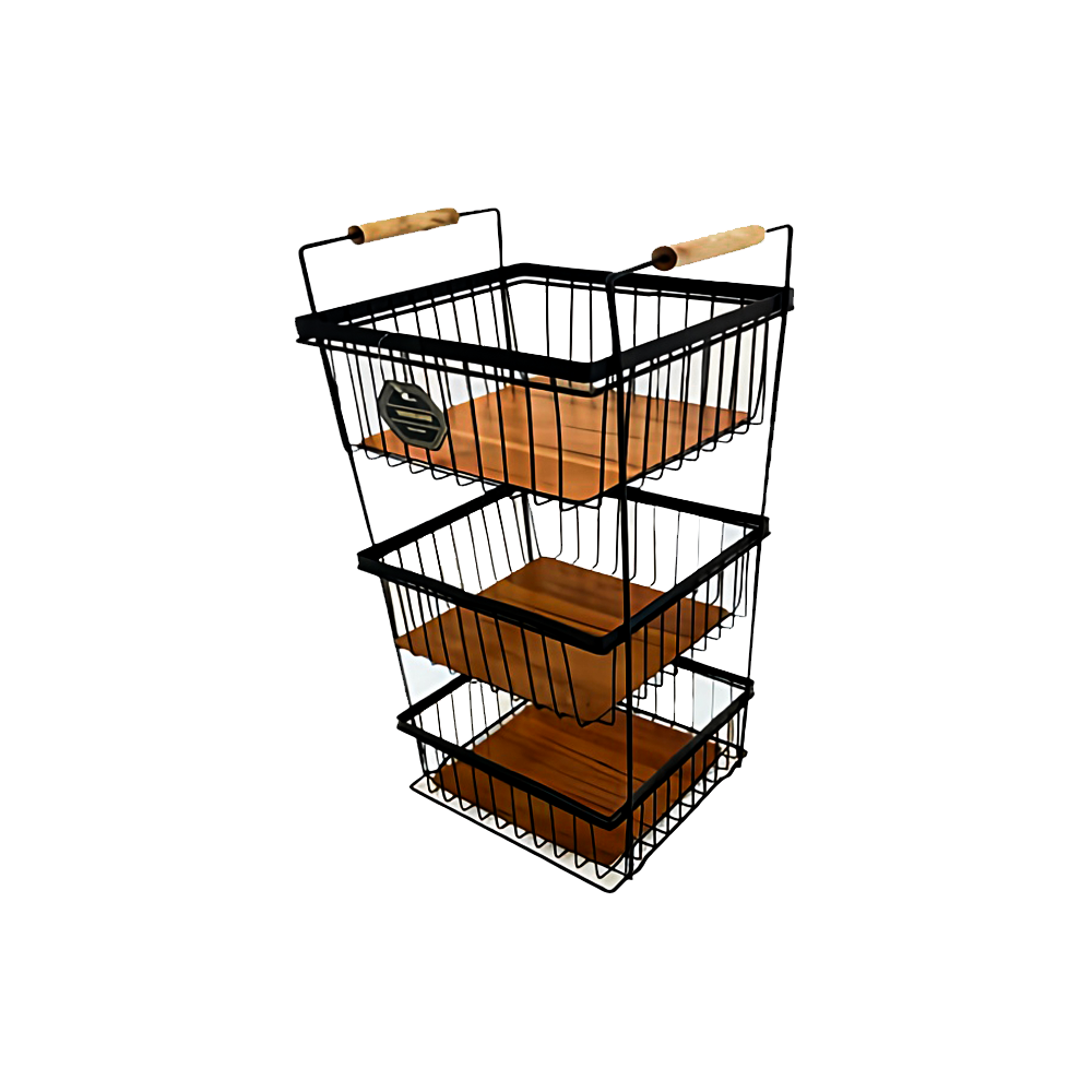 wood-handle-square-3-tier-onion-basket-black جاپیازی ۳ طبقه مربع دسته چوبی مشکی فلزی مناسب نگهداری پیاز، سیب زمینی، سیر و صیفیجات