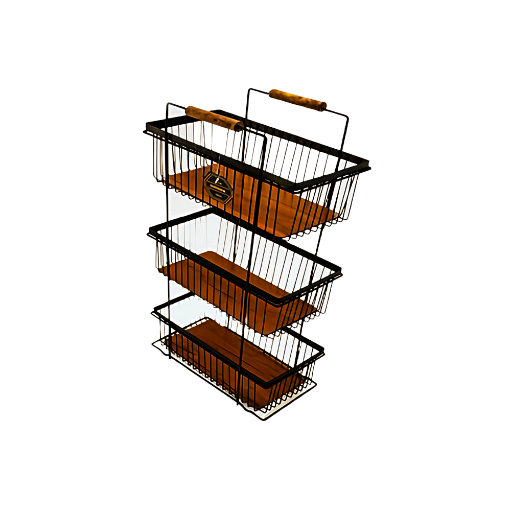 rectangular-3-tier-wood-handle-onion-basket-black جاپیازی ۳ طبقه مستطیل دسته چوبی مشکی فلزی مناسب نگهداری پیاز، سیب زمینی، سیر و صیفیجات