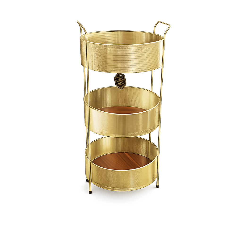 nika-round-3-tier-onion-basket-gold جاپیازی گرد ۳ طبقه نیکا طلایی فلزی مناسب نگهداری پیاز و سیب زمینی