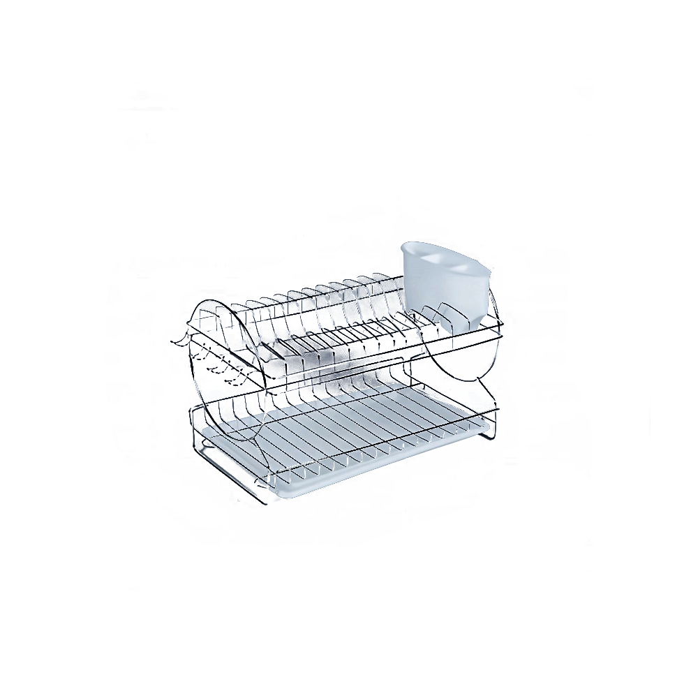 mania-small-2-tier-dish-rack-silver-shiyana جاظرفی دو طبقه کوچک مانیا نقرهای شیانا با طراحی مدرن، مناسب کنار سینک آشپزخانه، مجهز به سینی و جاقاشقی پلاستیکی