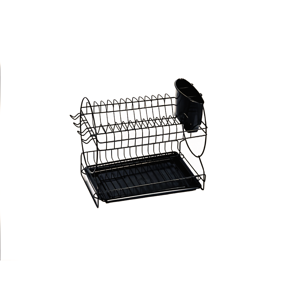 mania-small-2-tier-dish-rack-black-shiyana جاظرفی دو طبقه کوچک مانیا مشکی شیانا با طراحی مدرن، مناسب کنار سینک، دارای سینی و جاقاشقی پلاستیکی