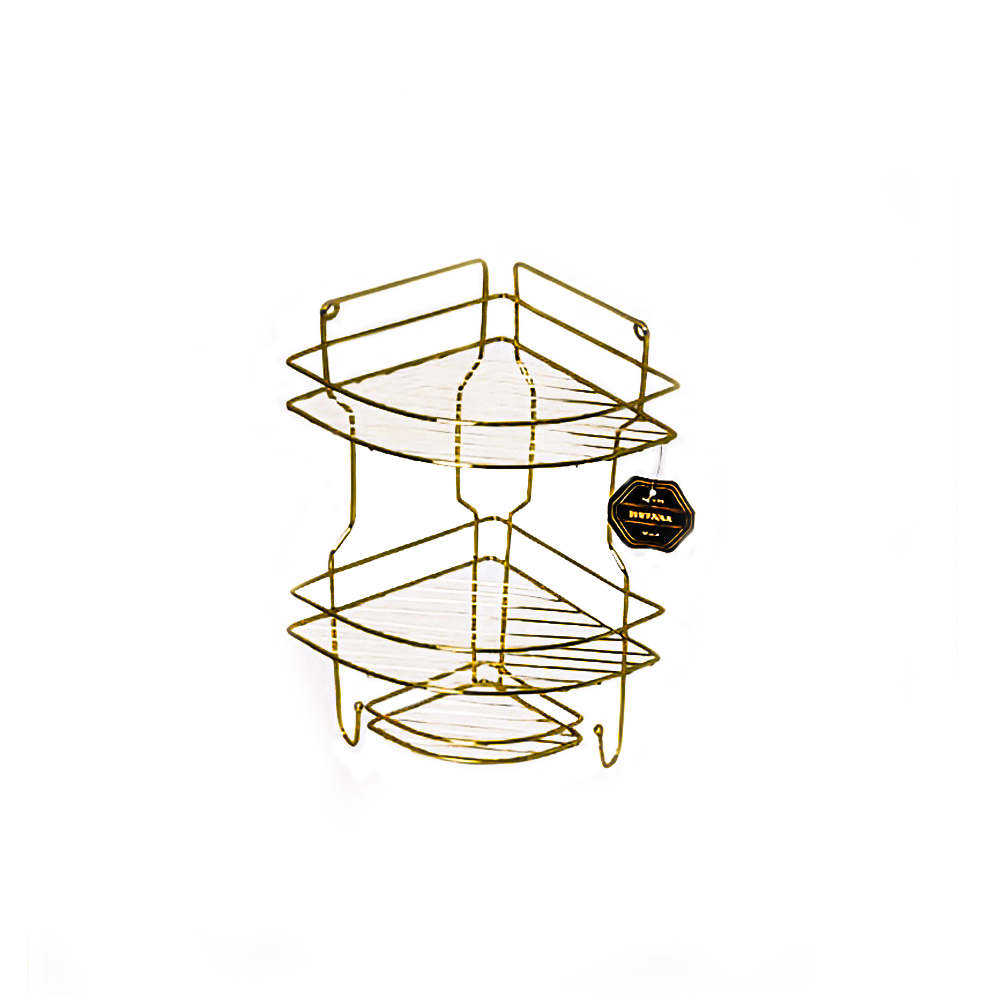 shiyana-morvarid-2-tier-bathroom-shelf-gold استند حمام 2 طبقه مروارید طلایی شیانا با مفتول نیکل کروم، رنگ استاتیک، سینی و جاقاشقی پلاستیکی